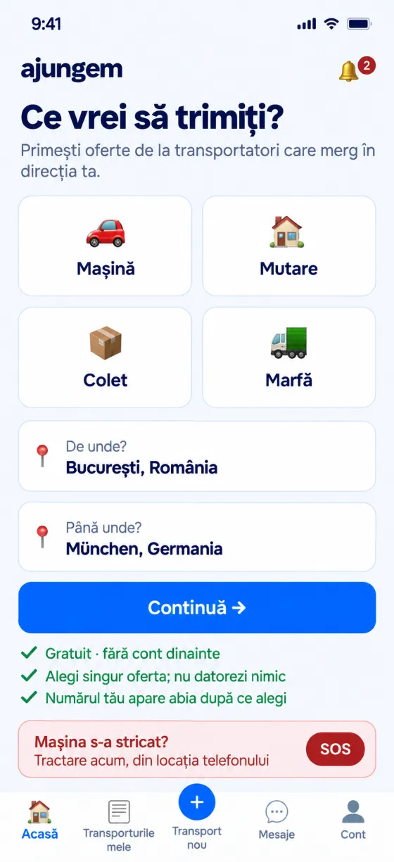 Ecranul de început al aplicației: categorii de transport, rută și cerere de tractare.