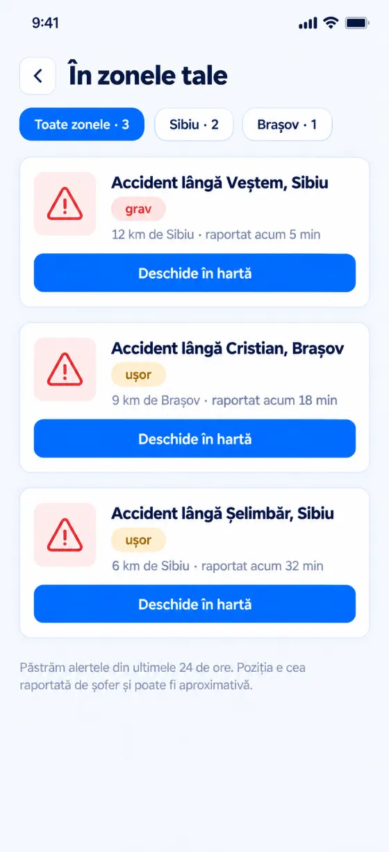 Urgențe: cereri de ajutor și accidente din zona transportatorului.