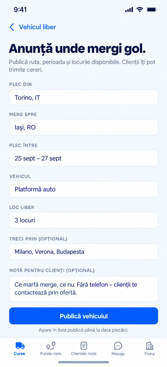 Publicarea unui vehicul liber, cu rută, perioadă și locuri disponibile.