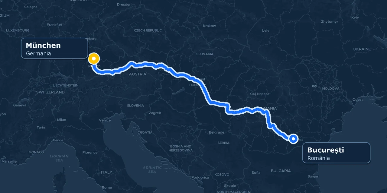 Hartă statică a traseului rutier real dintre București și München