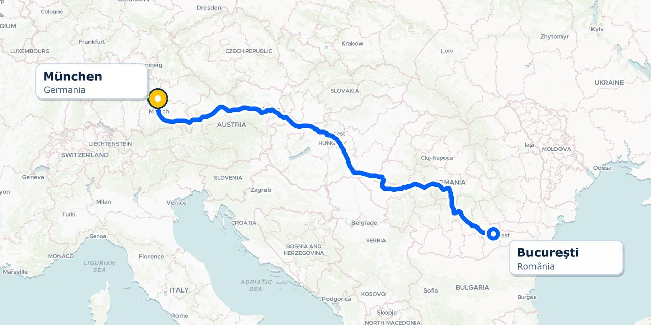 Hartă statică a traseului rutier real dintre București și München